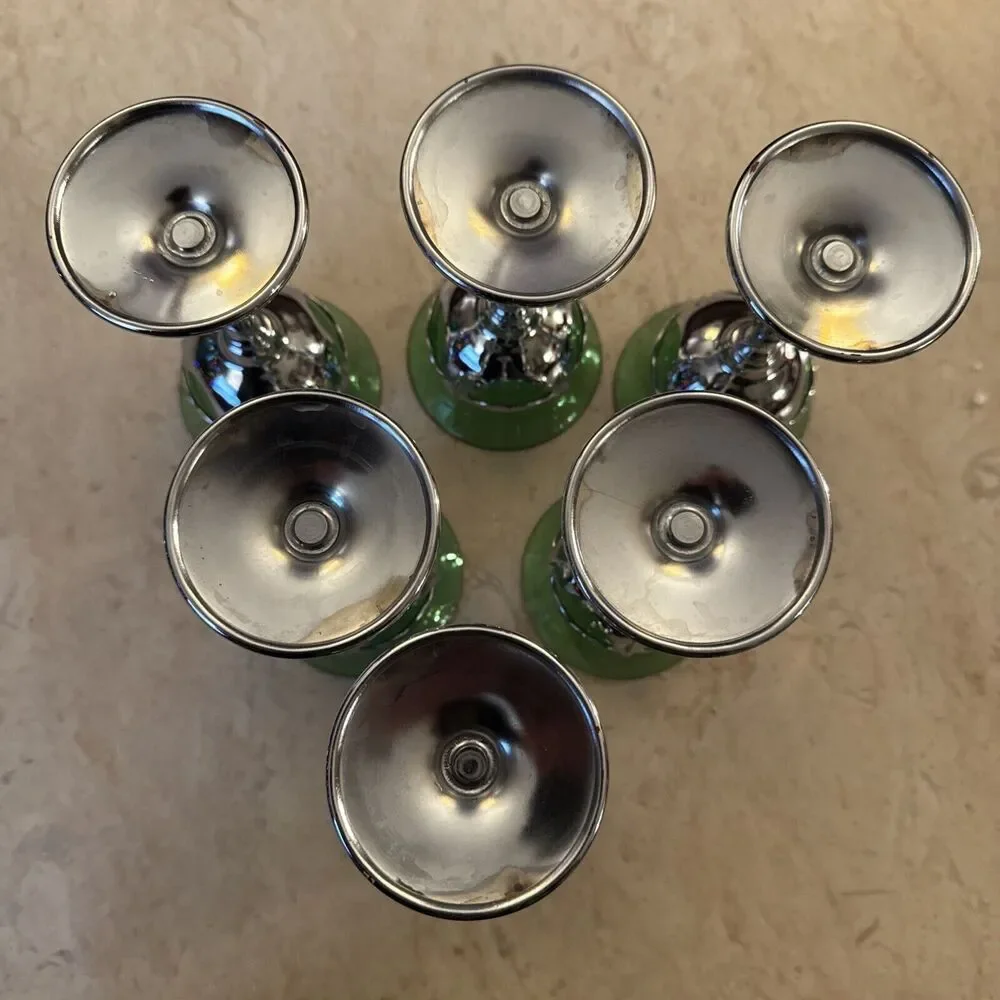 Farber Bros Krome Craft 1950s Art Deco Set6 Liquor Sherry Glasses Emerald Chrome
